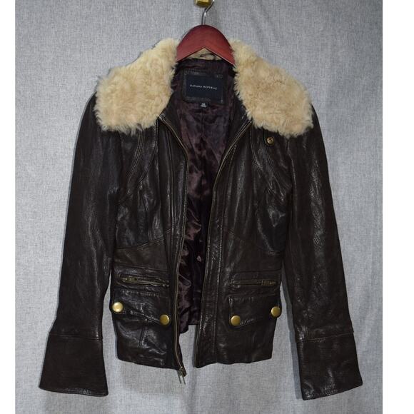Banana Republic Leather Aviator Jacket XS Brown Shearling Collar - Picture 1 of 4